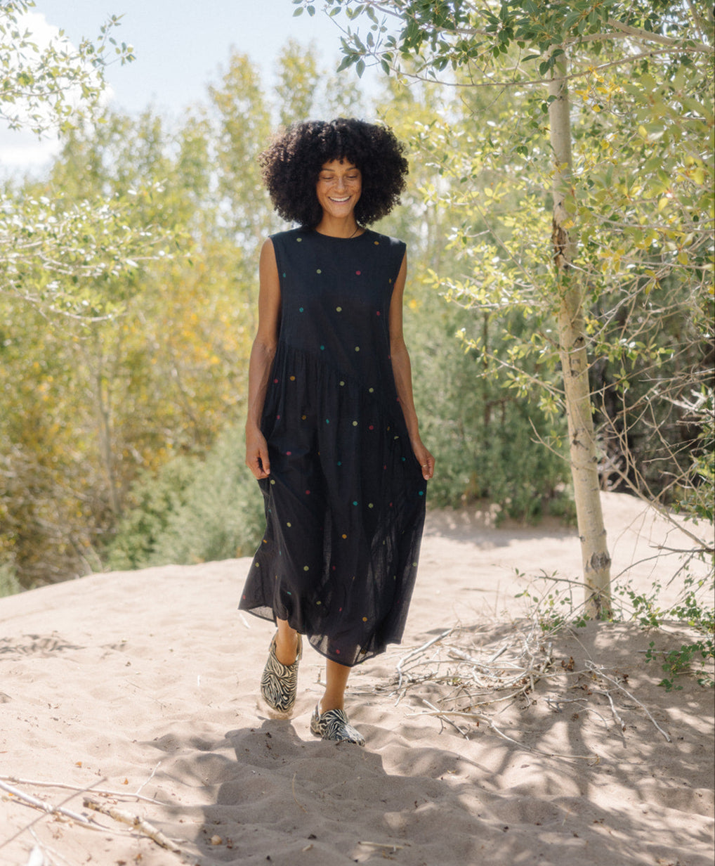 The Anan Gathered Dress ~ Black Jamdhani