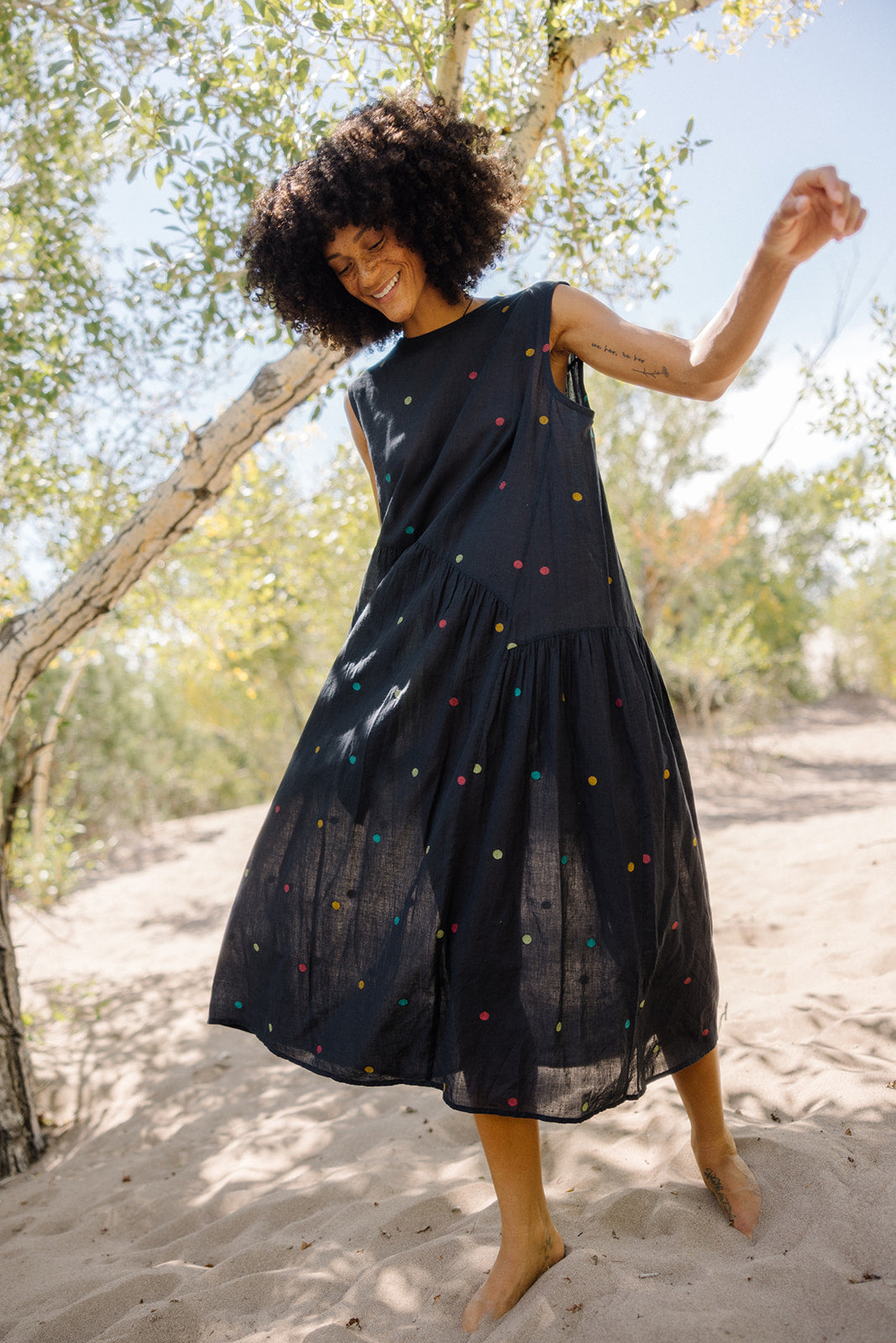 The Anan Gathered Dress ~ Black Jamdhani