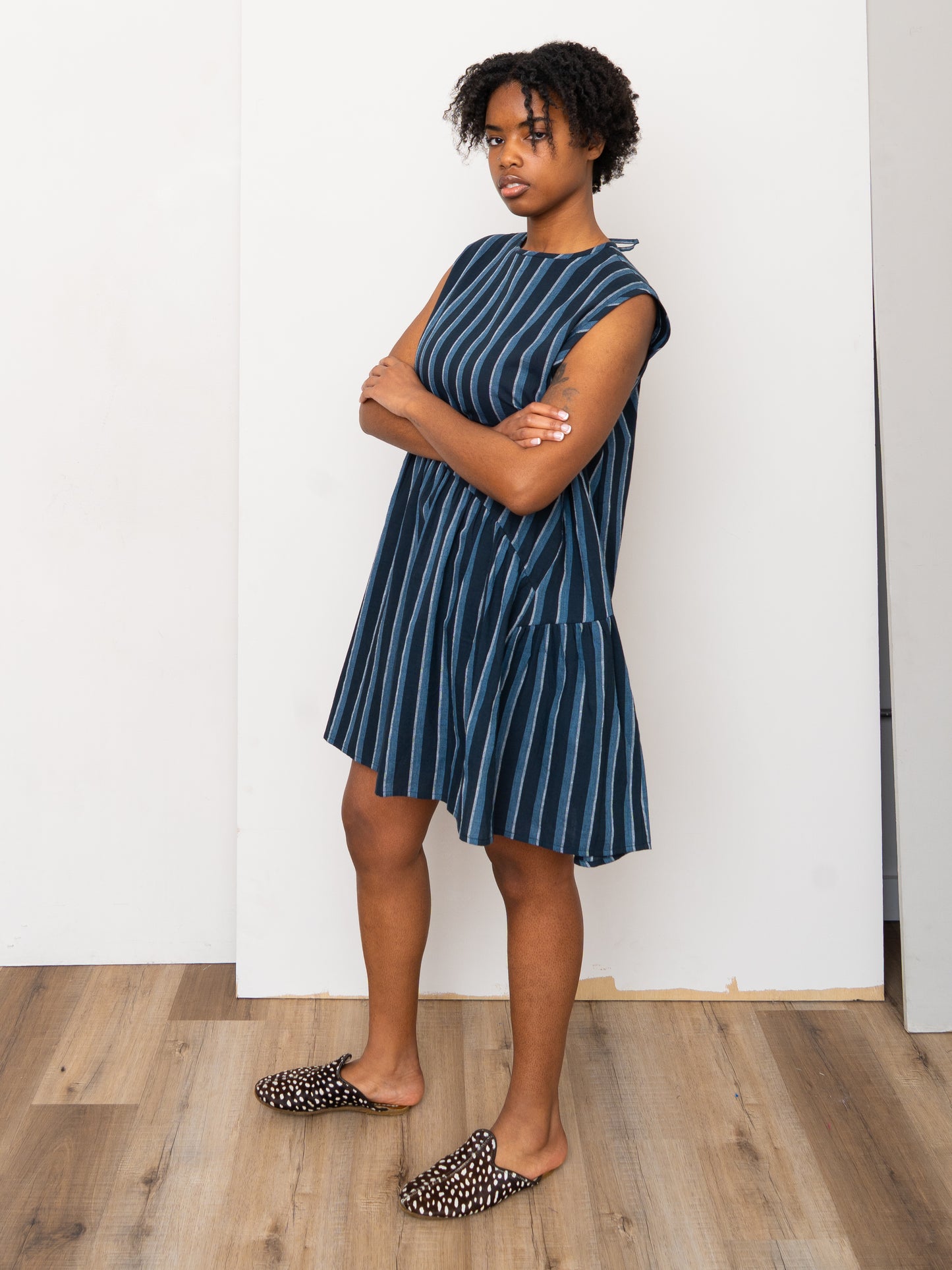 The Anan Short Gathered Dress ~ Tarmac Stripe