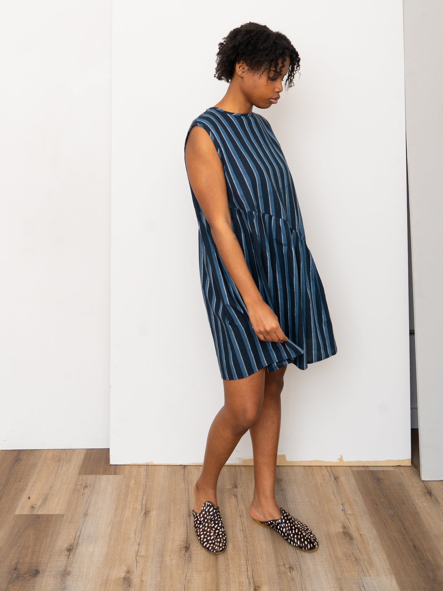 The Anan Short Gathered Dress ~ Tarmac Stripe