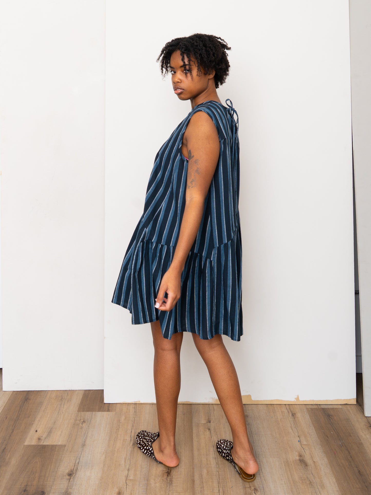 The Anan Short Gathered Dress ~ Tarmac Stripe