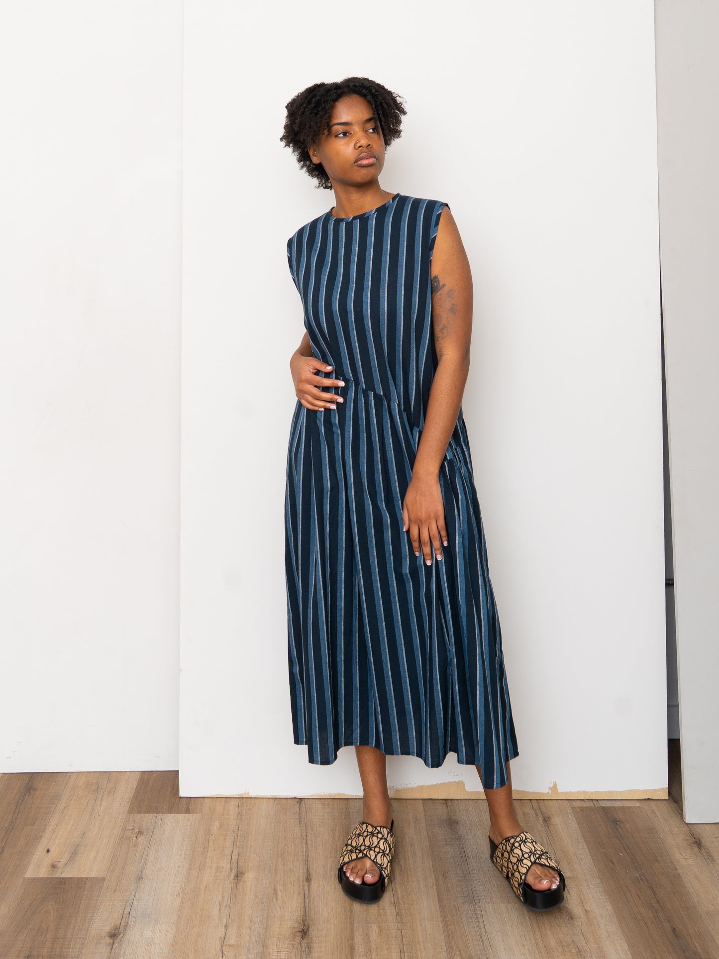 The Anan Gathered Dress ~ Tarmac Stripe