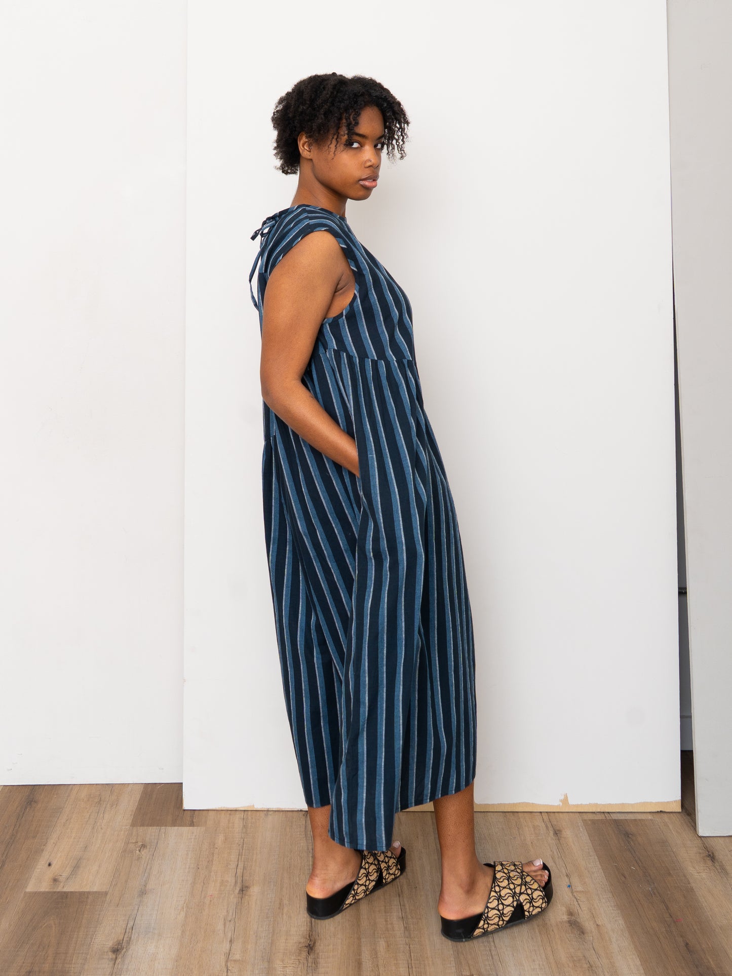 The Anan Gathered Dress ~ Tarmac Stripe