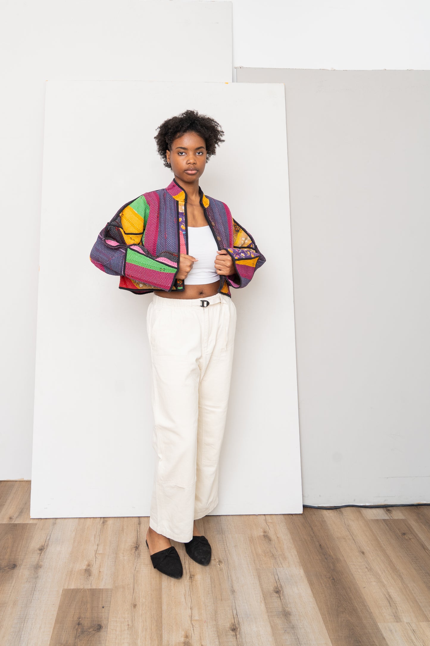 The Kaira Cropped Quilted Patchwork Kantha Jacket