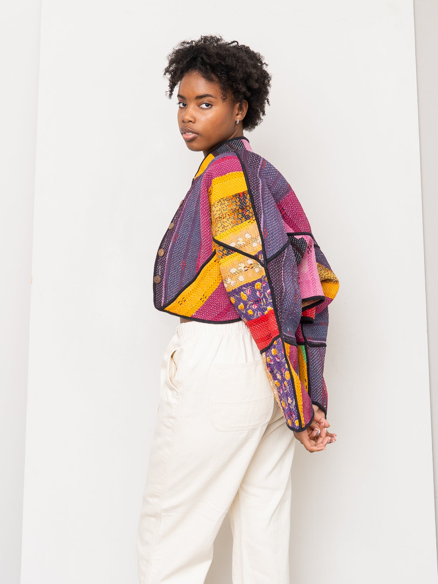 The Kaira Cropped Quilted Patchwork Kantha Jacket