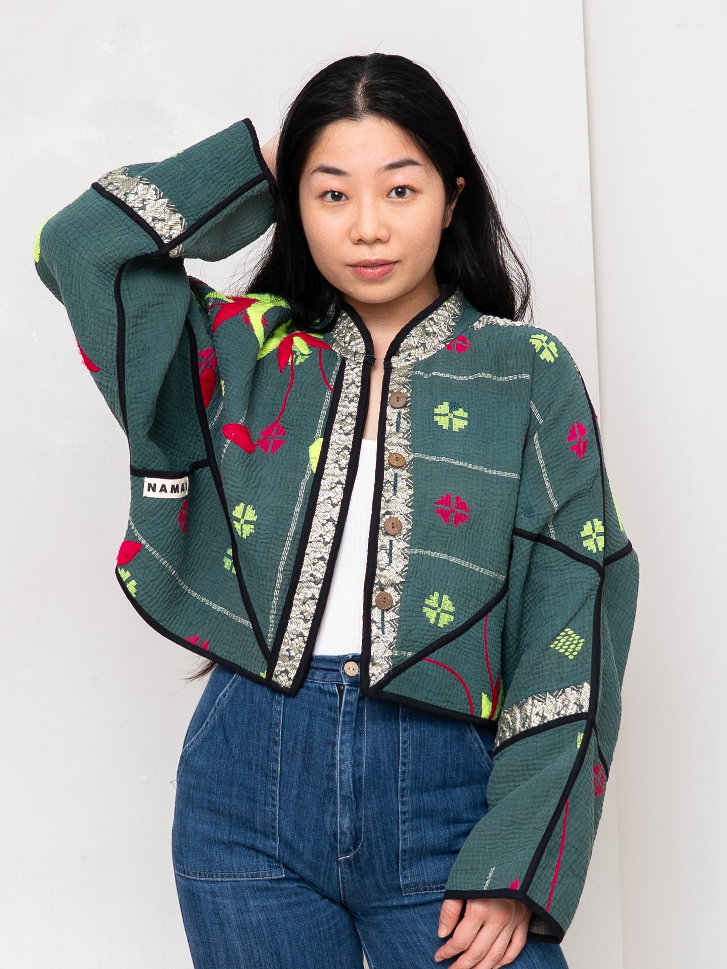 The Kaira Cropped Quilted Patchwork Kantha Jacket