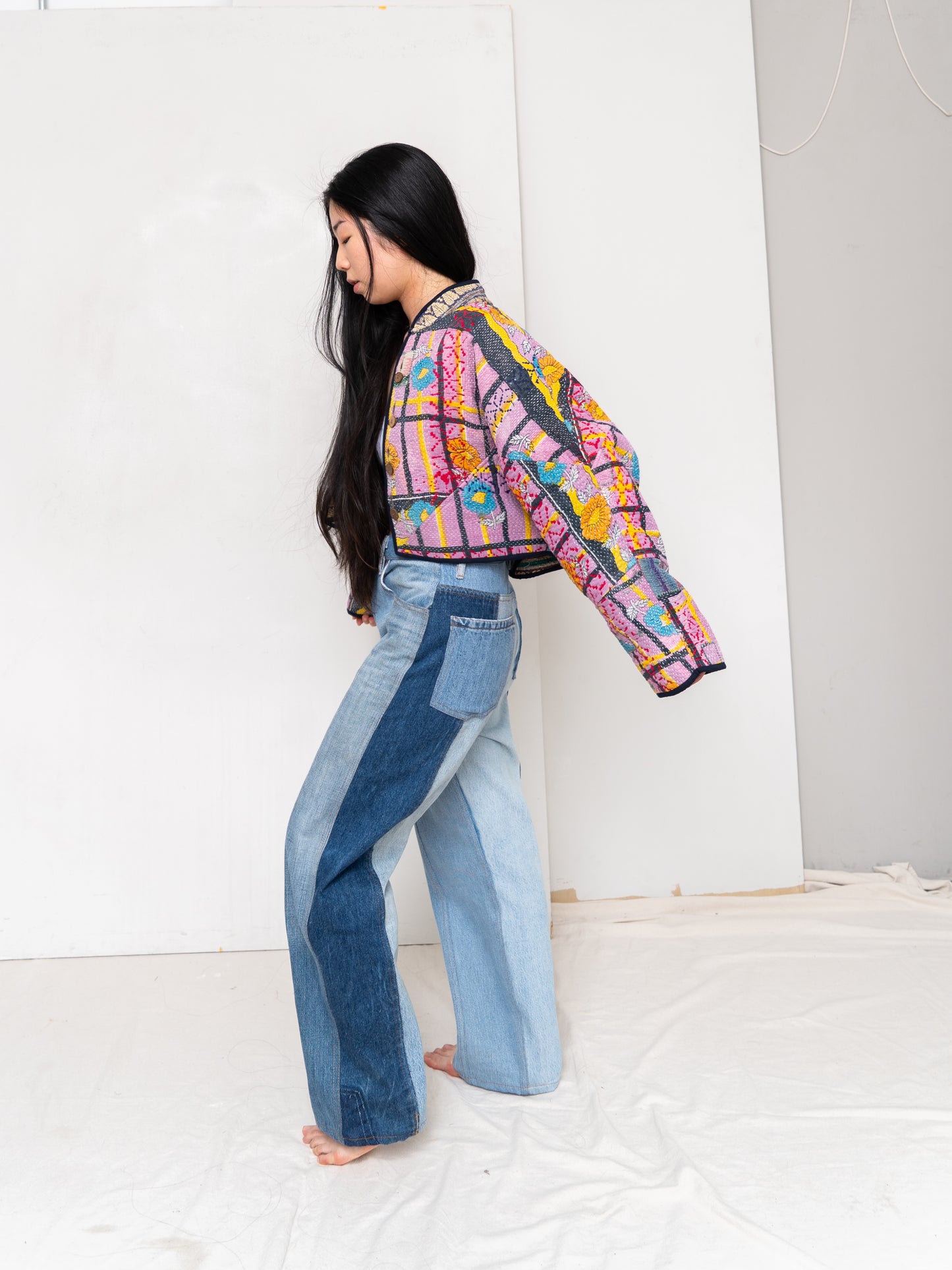 The Kaira Cropped Quilted Patchwork Kantha Jacket