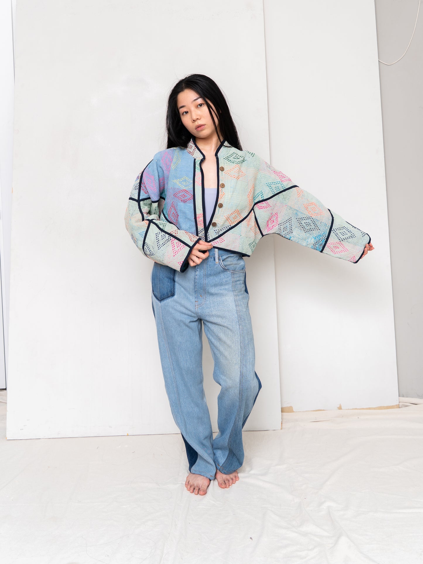 The Kaira Cropped Quilted Patchwork Kantha Jacket