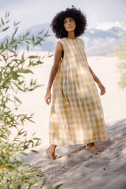 The Anan Gathered Dress  ~ Turmeric Check