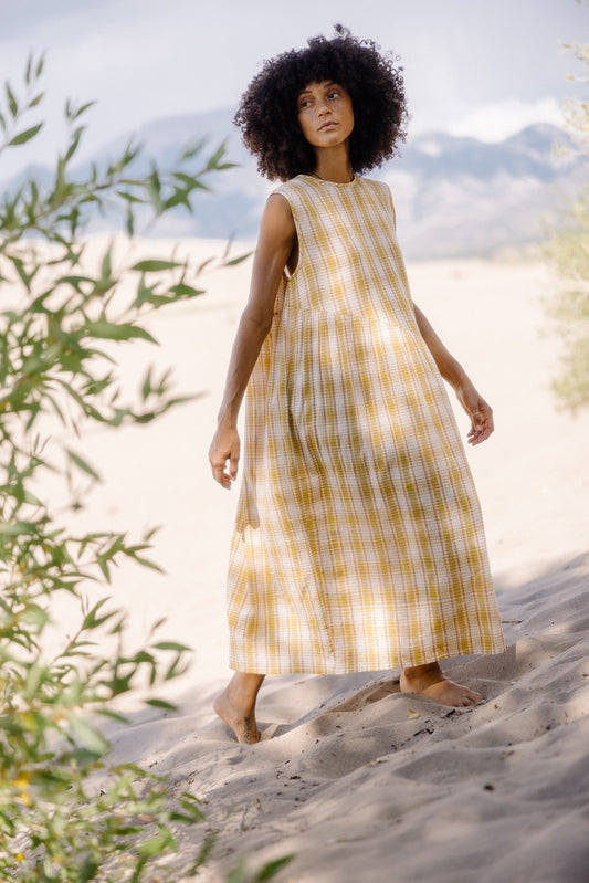 The Anan Gathered Dress Wholesale ~ Turmeric Check