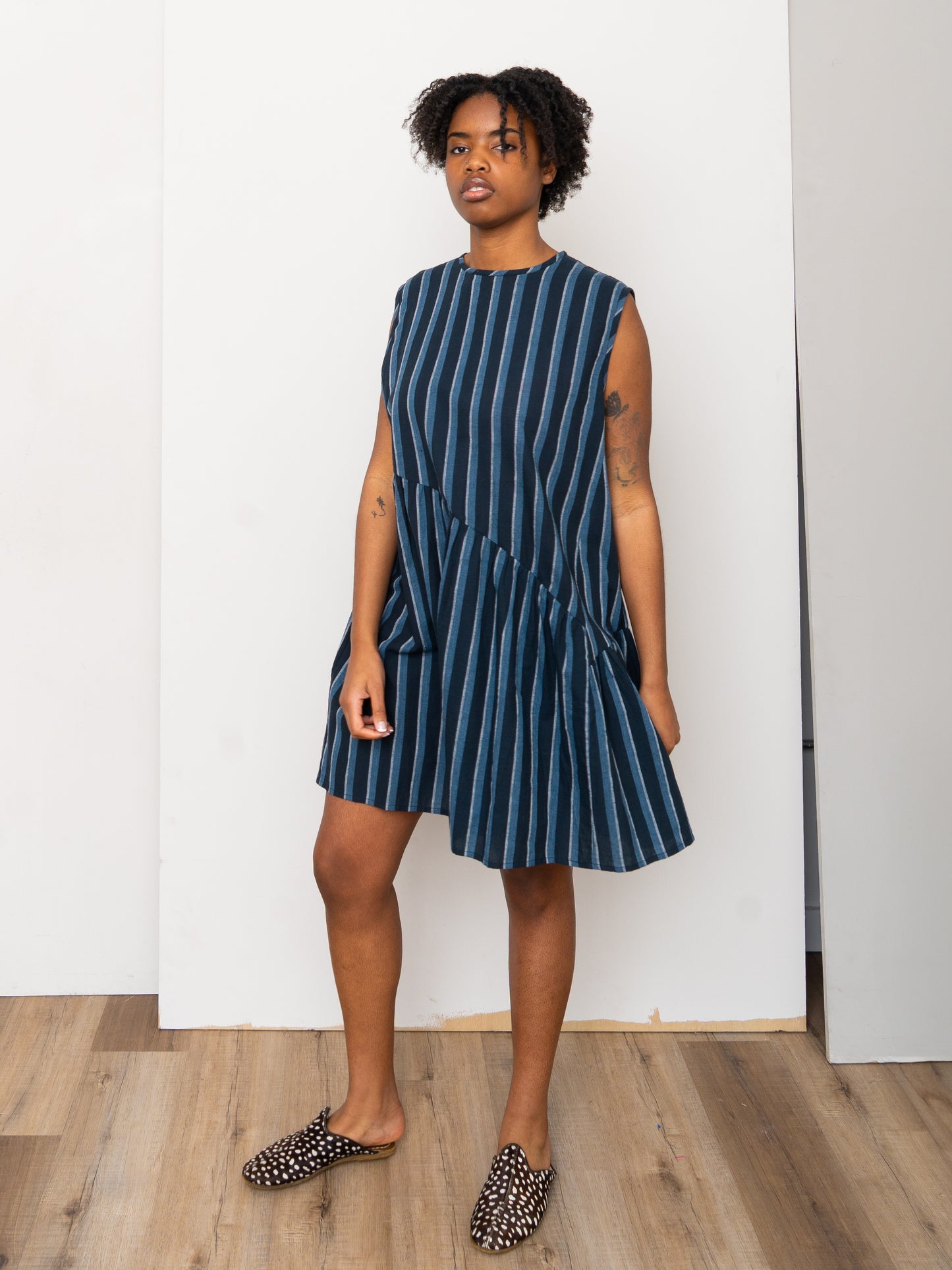 The Anan Short Gathered Dress ~ Tarmac Stripe