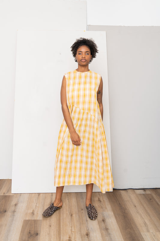 The Anan Gathered Dress Wholesale ~ Turmeric Check