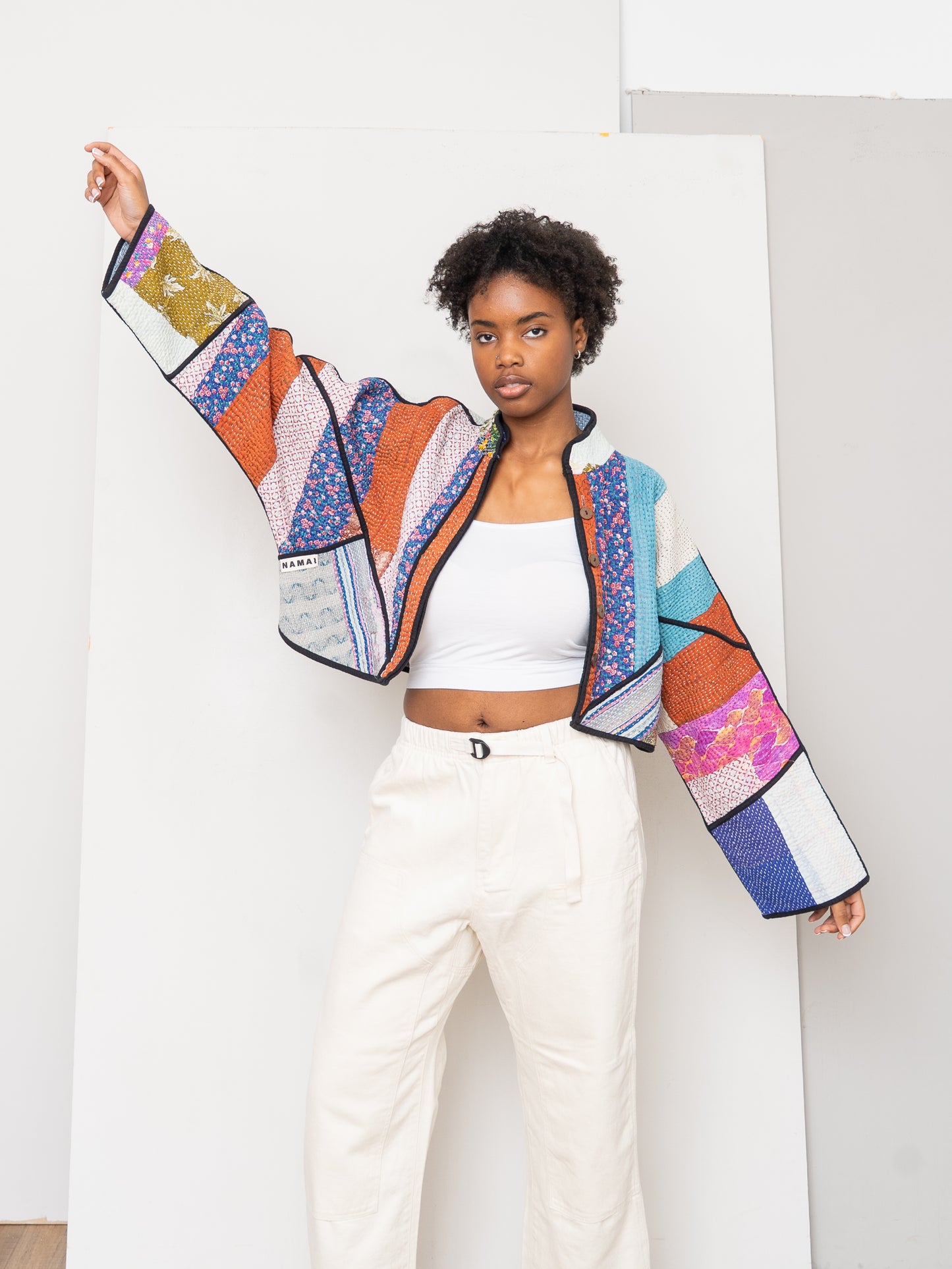 The Kaira Cropped Quilted Patchwork Kantha Jacket