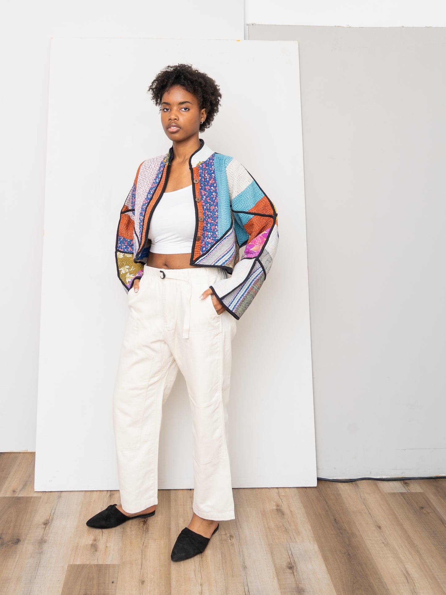 The Kaira Cropped Quilted Patchwork Kantha Jacket