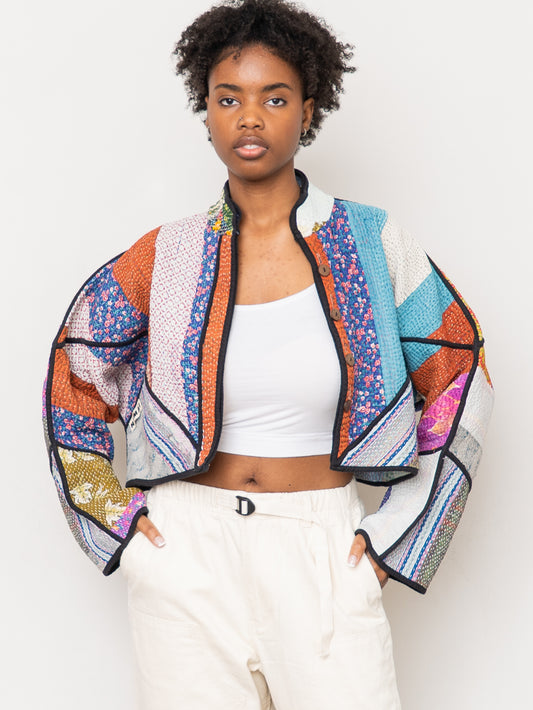 The Kaira Cropped Quilted Patchwork Kantha Jacket