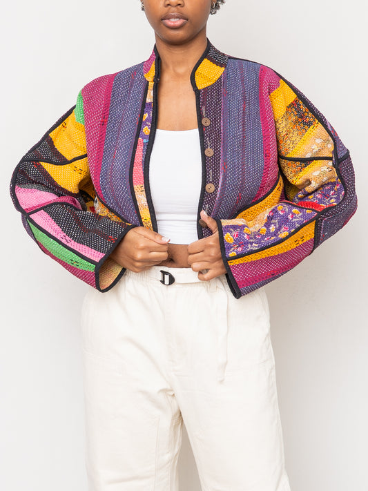 The Kaira Cropped Quilted Patchwork Kantha Jacket