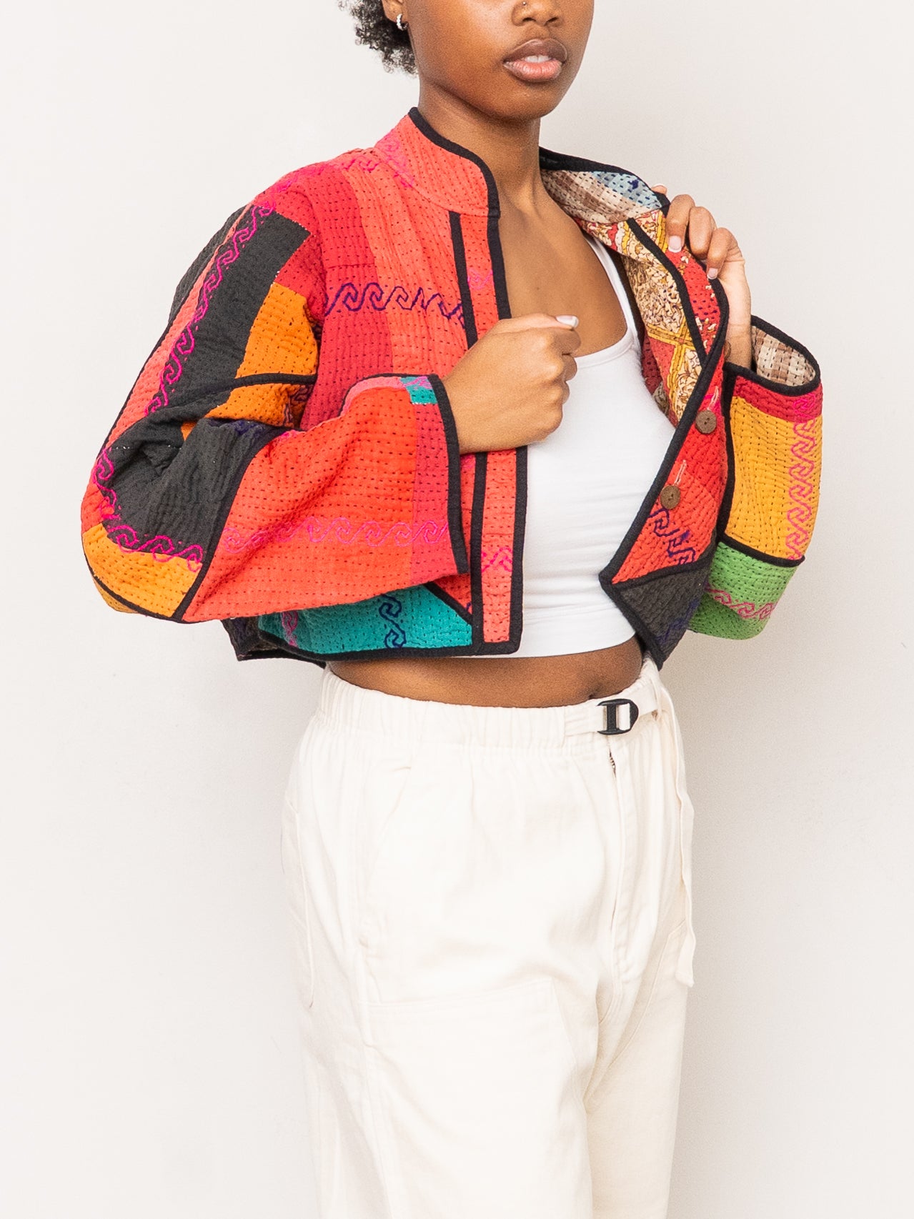 The Kaira Cropped Quilted Patchwork Kantha Jacket