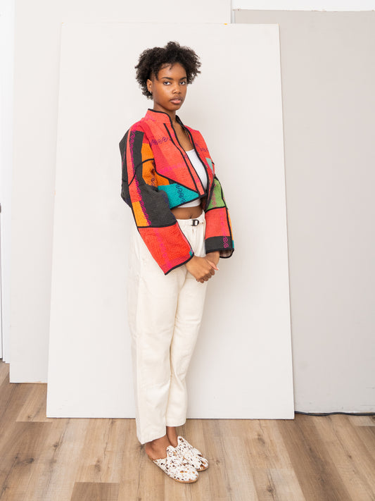 The Kaira Cropped Quilted Patchwork Kantha Jacket
