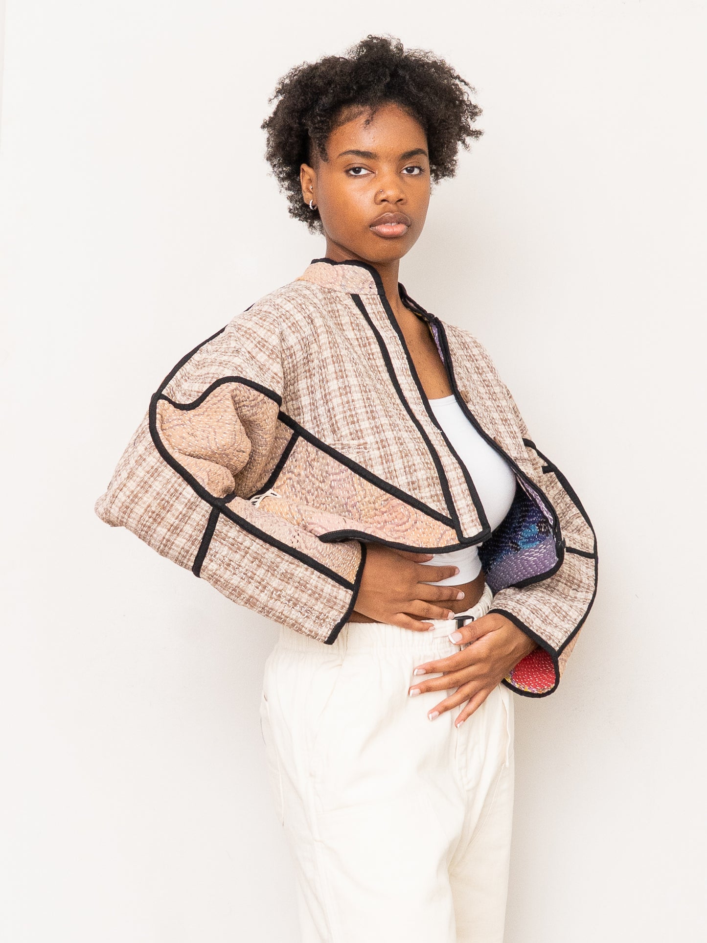The Kaira Cropped Quilted Patchwork Kantha Jacket
