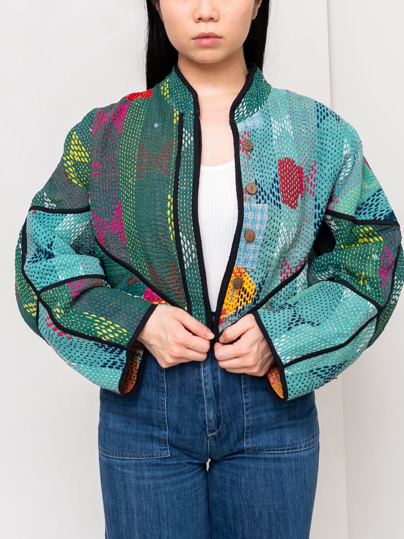 The Kaira Cropped Quilted Patchwork Kantha Jacket