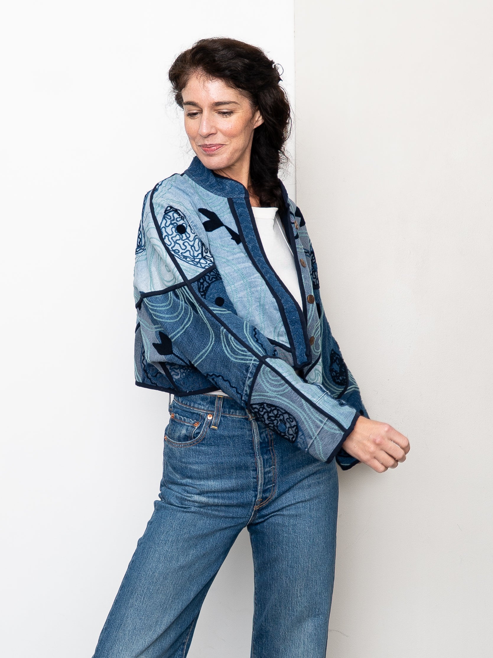The Kaira Cropped Denim Suzani Jacket - Medium