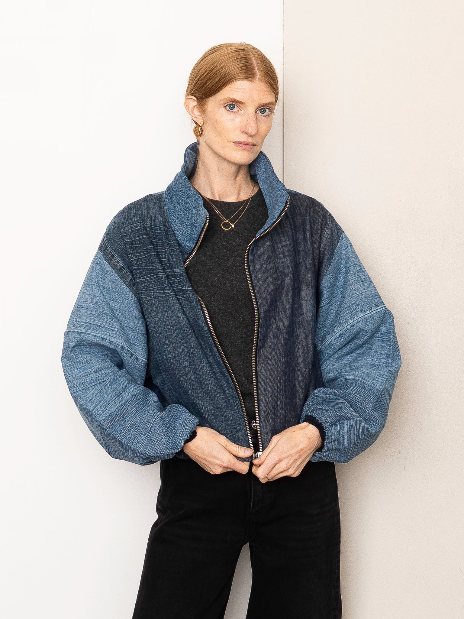 The Shira Denim Puffer Bomber Jacket