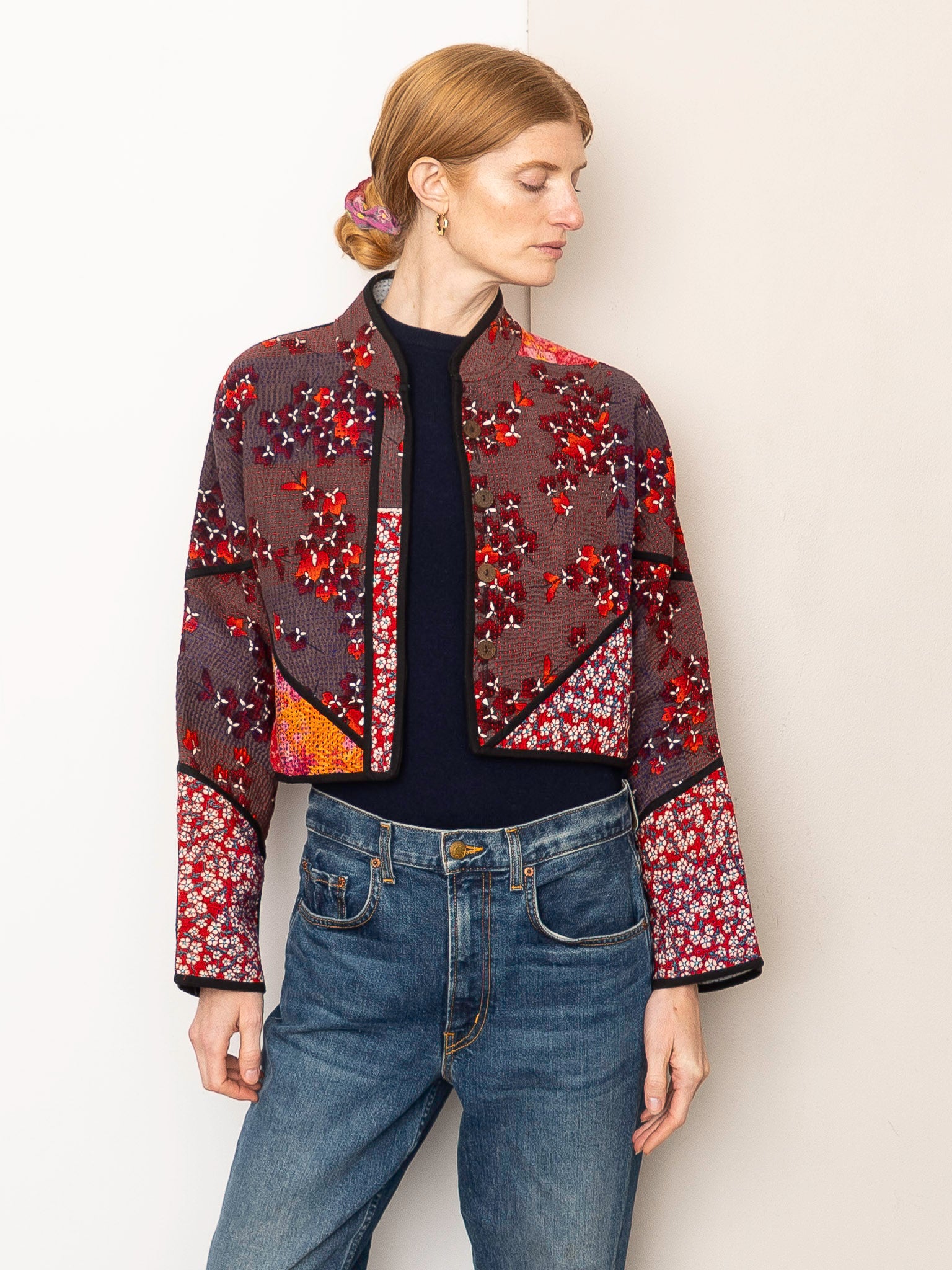 The Kaira Cropped Quilted Patchwork Kantha Jacket