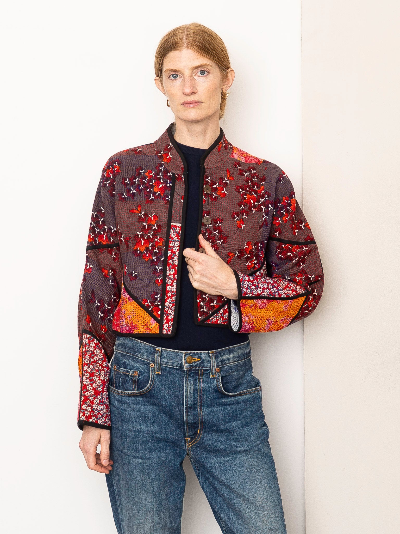 The Kaira Cropped Quilted Patchwork Kantha Jacket