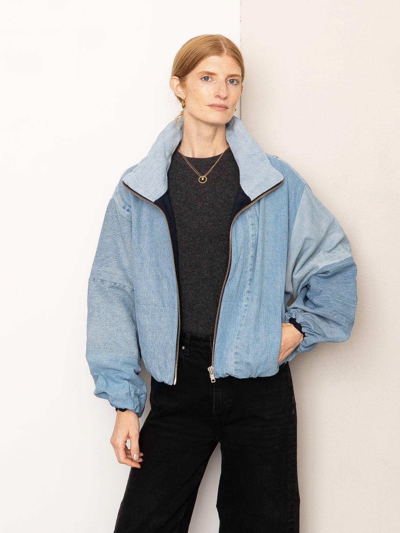 The Shira Denim Puffer Bomber Jacket