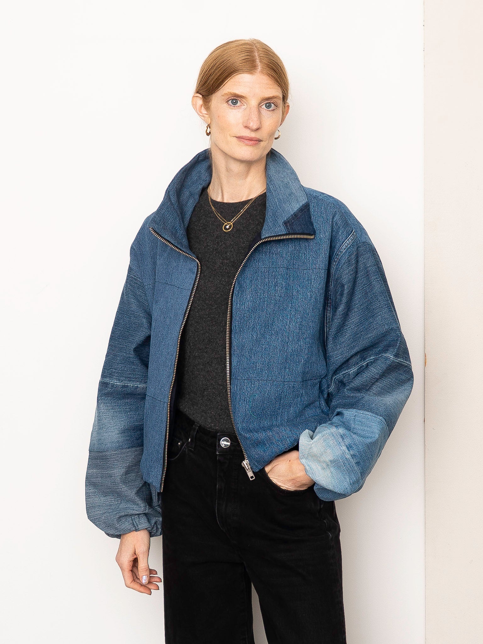 The Shira Denim Puffer Bomber Jacket