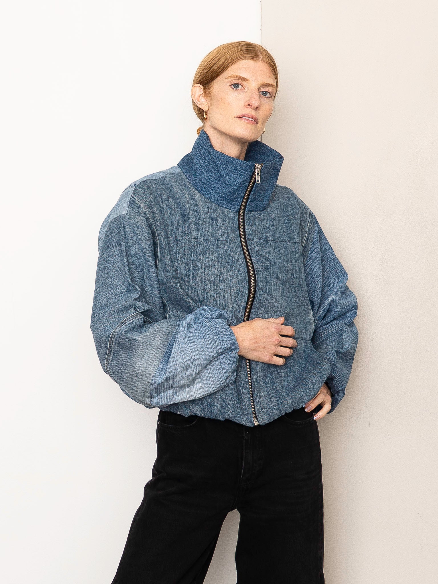 The Shira Denim Puffer Bomber Jacket