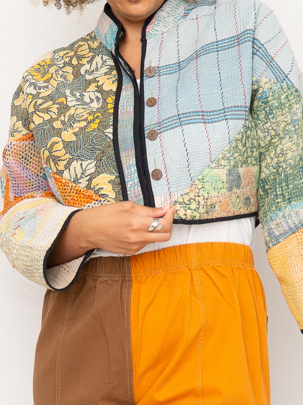 The Kaira Cropped Quilted Patchwork Kantha Jacket