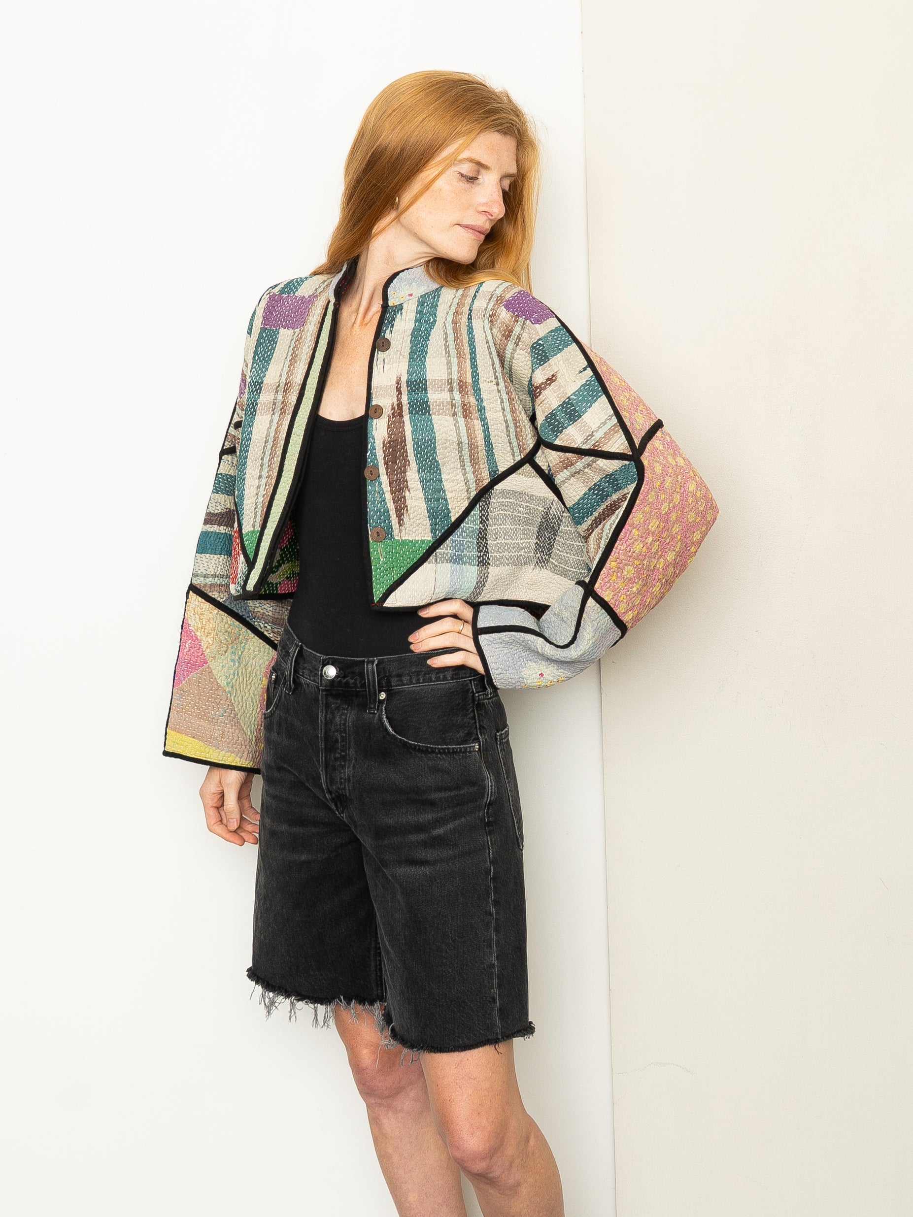 The Kaira Cropped Quilted Patchwork Kantha Jacket