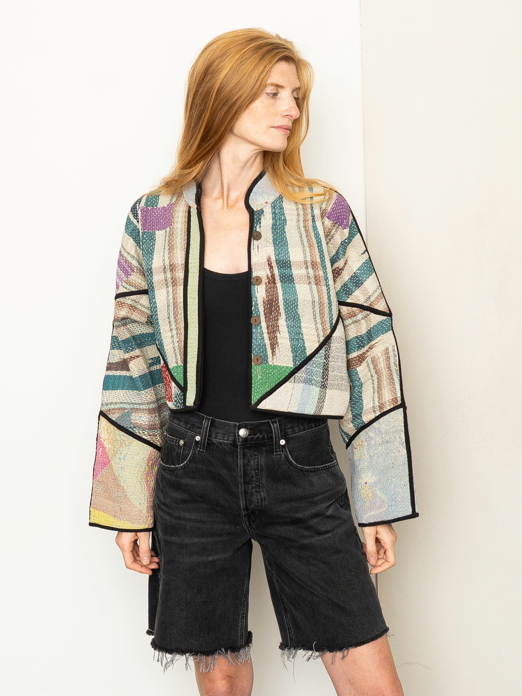 The Kaira Cropped Quilted Patchwork Kantha Jacket