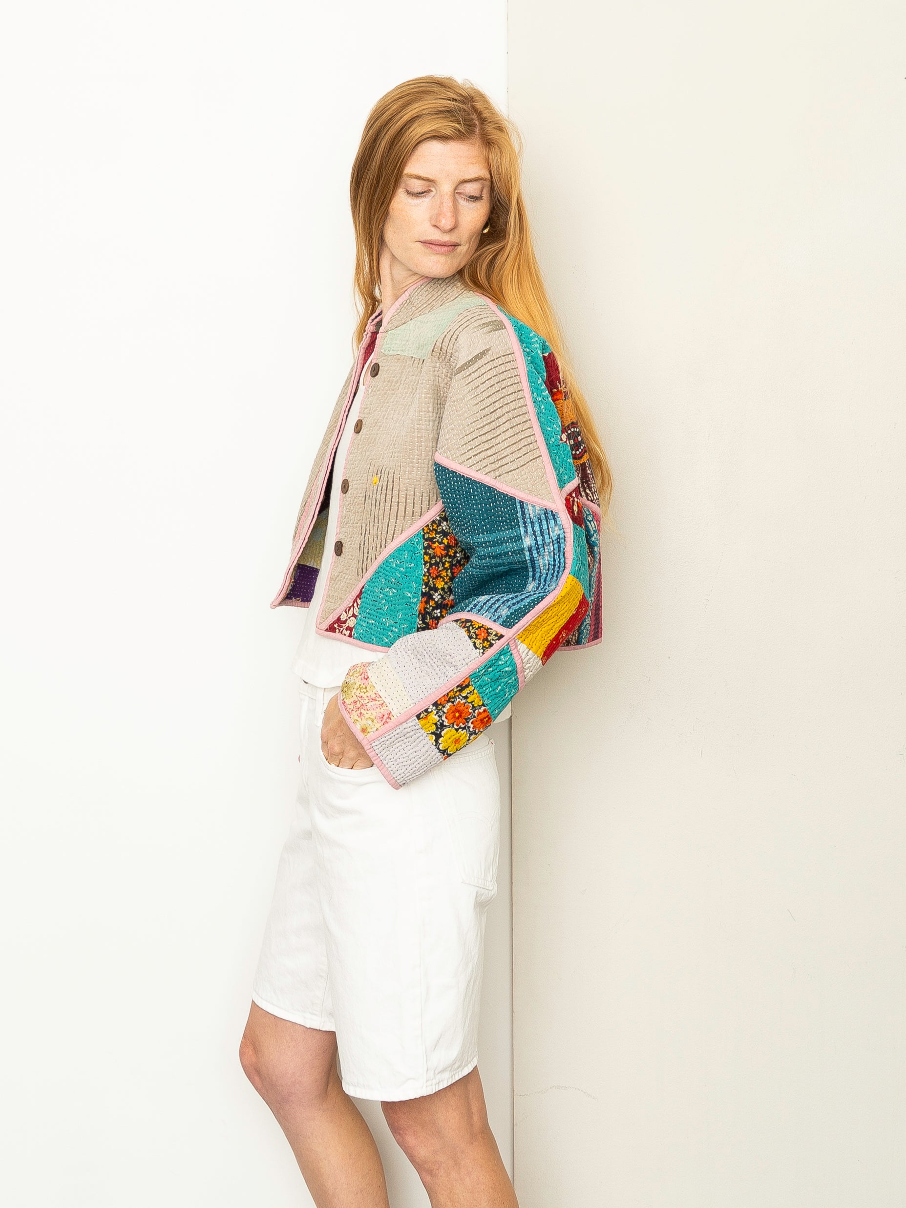 The Kaira Cropped Quilted Patchwork Kantha Jacket