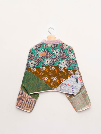 The Kaira Cropped Quilted Patchwork Kantha Jacket