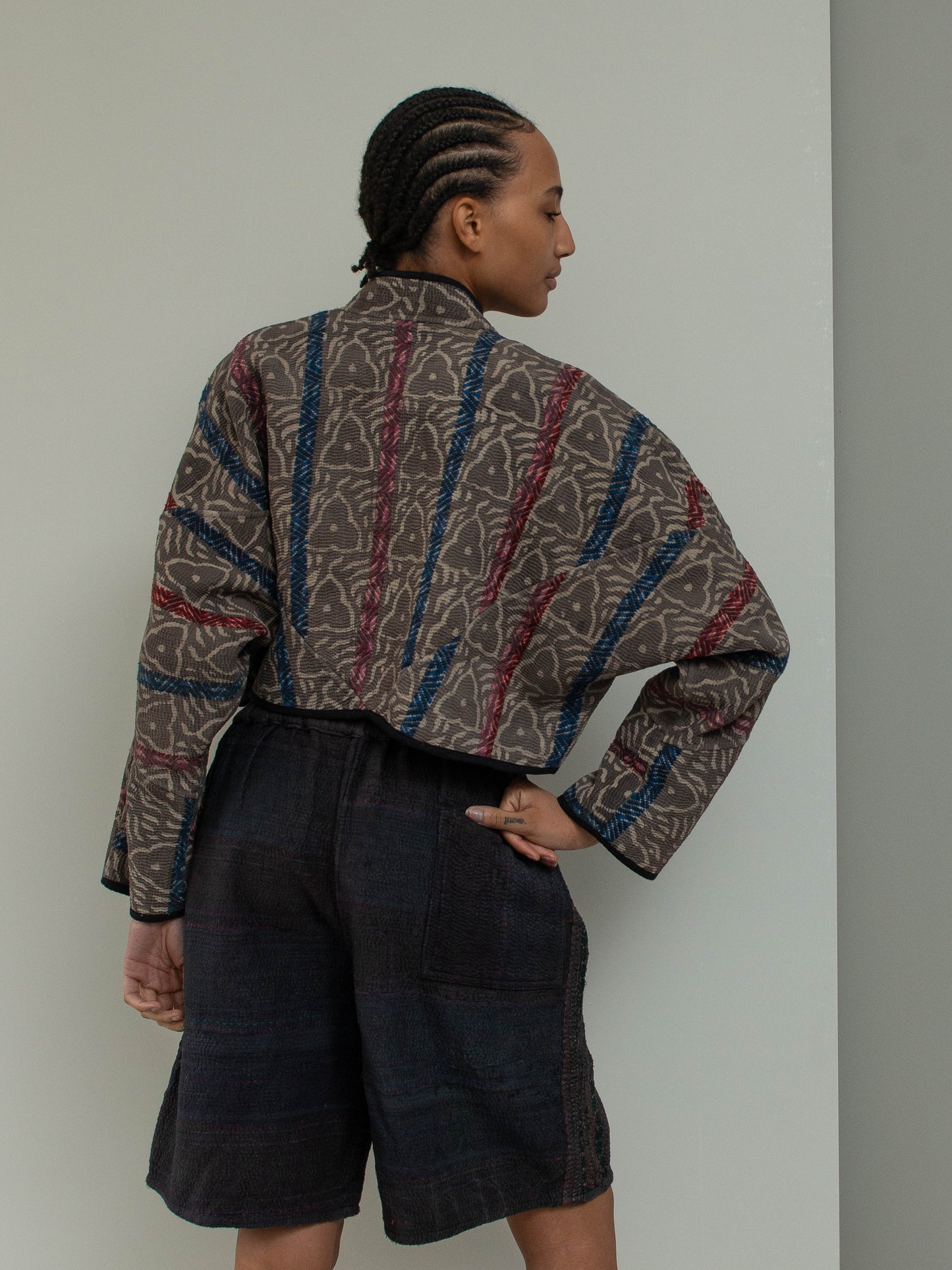 The Kaira Cropped Quilted Plant Dyed Kantha Jacket